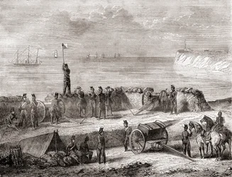 Komunikacja między statkiem wchodzącym do portu a wojskami lądowymi przy użyciu systemu semaforowego, z Les Merveilles de la Science, opublikowanego ok. 1870 r. (rycina)