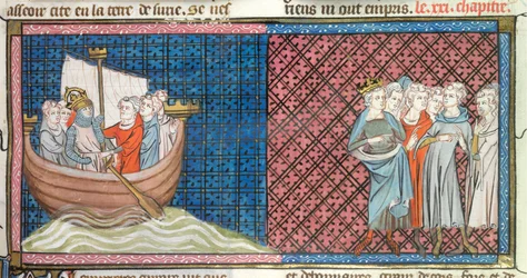 Konrad III i Ludwik VII odchodzą, ilustracja z „Chroniques de France ou de Saint Denis” (welum)