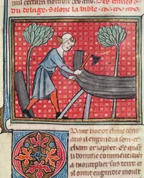 Budowa łodzi, z Bible Historyle autorstwa Guiart des Moulins