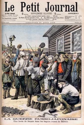 Skazani na Syberii wcieleni do walki w wojnie rosyjsko-japońskiej. Wojna rosyjsko-japońska. Wzrost forcatów w rosyjskich bagnach Syberii. Ilustracja do Le petit Journal, 27 sierpnia 1905.