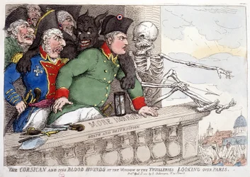 Korsyka i jej krwiożercze spojrzenie na Paryż przez okno Tuileries - w "Napoleon I", karykatury, kolekcja manekinów, ok. 1814-1815.