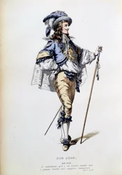 Kostium dla postaci Don Juana ze sceny 2 aktu I utworu o tej samej nazwie Jean Baptiste Poquelin dit Moliere (1622-1673). Rycina XIX-wiecznego Paryża, Comedie francaise