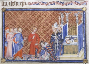 Cotton Tiberius B VIII f.48v, Filip Śmiały, książę Burgundii, przypina ostrogi królowi Karolowi V, ilustracja z „Księgi Mistrza Koronacji”