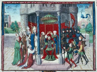 Hrabia Jean de Brienne, miniatura z "Les chroniques de Jherusalem abregies", ok. 1450 (tempera na welinie)