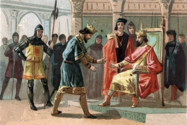 Hrabia Louis de Crecy, zagrożony przez mieszkańców Kortrijk, poprosił o pomoc króla Francji Karola Le Bela (1294-1328). Chromolitografia około 1890 r.