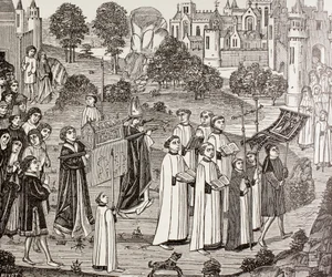 Hrabia Renier niosący ciało św. Weroniki do kościoła św. Waudru w Mons, z książki „Życie wojskowe i religijne w średniowieczu” Paula Lacroix, opublikowane w Londynie ok. 1880 r.