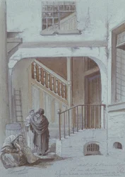 Dziedziniec i laboratorium markizy de Brinvilliers, 28 rue de Bievre, Paryż (kreda i gwasz na papierze)