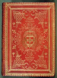 Okładka księgi kardynała Mazarina, z wykończeniem ukazującym kardynalskie ramiona gwiazd i fasces, zwieńczony galero i chwostami kardynała (skóra i złocenie)