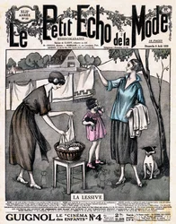 Okładka gazety „Le petit echo de la mode” la detergent - dwie kobiety z dziewczynką i psem rozkładają wyschniętą pościel na nitce na zewnątrz, nr 32 z 8 sierpnia