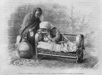 Kolebka maronitów, z dzisiejszej Syrii. Podróżuje po Fenicji, Libanie i Judei. 1875-1880 Louis Charles Emile Lortet, 1884 (bw grawerowanie)