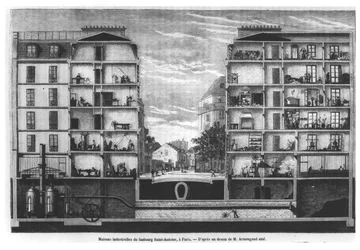 Przekrój domów przemysłowych w Faubourg Saint-Antoine w Paryżu, ilustracja z Le Magasin Pittoresque, 1885