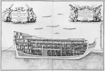 Przekrój w pełni wykończonego wnętrza statku, ilustracja z Atlas de Colbert, tablica 37