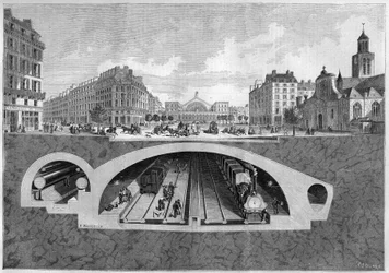 Przekrój przedstawiający projekt kolei podziemnej w Paryżu, od Vilette do hal centralnych, w 1861 r. Grawer „” Le Monde Illustré” nr 213 z 11 maja 1861 r.