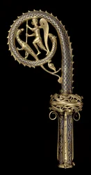 Głowa pastorału przedstawiająca św. Michała pokonującego smoka, Limoges, ok. 1220-30 (miedź, champleve, emalia i złocenie)