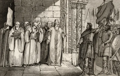 Dagobert (603-39) Zdejmowanie sztandaru w St. Denis, z „Histoire de Paris” Colarta, wydana ok. 1840 r.