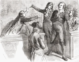 Danton i Desmoulins bronią się przed Konwencją, 30 marca 1794 r., przed „Histoire de la Revolution Francaise” Louisa Blanca (1811-82) 1847-62