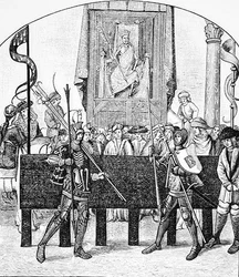 Śmierć panująca nad bitwami, z Le Chevalier Delibere (Resolute Knight) Oliviera de la Marche (1426-1501) ilustracja z Science and Literature w średniowieczu i renesansie