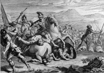 Śmierć Alaryka II, 507: Clovis I (465-511), król Franków, zabicie Alaryka II (484-507), króla Wizygotów, w bitwie pod Vouille w 507. Rycina z XVIII wieku.