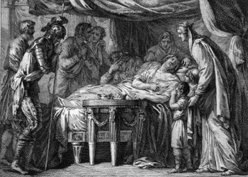 Śmierć Childeberta II (570-596), króla Neustrii, Orleanu i Burgundii, w wyniku zatrucia. 596. Rycina z XVIII wieku.