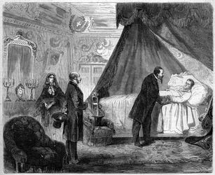 Śmierć hrabiego Cavour, 6 czerwca 1861: Król Włoch Wiktor Emanuel II (Victor-Emmanuel) (Vittorio Emanuele) (1820-1878) odwiedza Camilla Benso, hrabiego Cavour (1810-1861), dzień przed śmiercią. Grawerowanie w „”Le Monde Illustré””n°218 z 15 czerwca