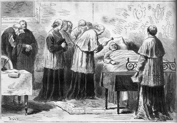 Decyzje papieża Piusa IX (Pio) (1792-1878): rytuał uznania śmierci papieża. Kardynał uderza w czoło zmarłego srebrnym młotkiem. Grawer w „Le Monde Illustré” nr 1089 z dnia 16 lutego 1878 r.