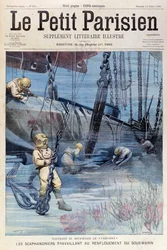 Nurkowie głębinowi próbujący podnieść Farfadet, z Le Petit Parisien, 23 lipca 1905
