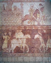 Wyjazd rycerzy templariuszy krzyżowców w 1163 z syryjskiego zamku Krak des Chevaliers na bitwę pod Boquée