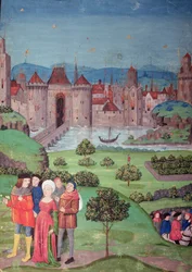 Wyjazd wojsk, scena z rękopisu „Chroniques de France”, kopia dzieła Jeana de Froissart (ok. 1333-1404), który opowiada historię Europy od 1225 do 1400