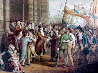 Deputowani Konwentu Narodowego opuszczający zgromadzenie w Tuileries, 31 maja 1793 - „31 maja 1793” - Paryż, 31 maja 1793: uzbrojeni obywatele przed żyrondystami opuszczającymi Konwent po porażce z góralami, na pierwszym planie
