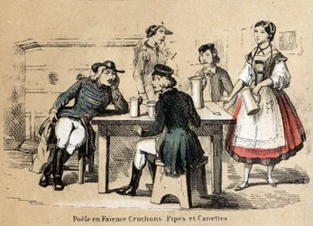 Opis różnych etapów produkcji i zastosowań gliny: wyroby z gliny (kuchenki ceramiczne, dzbanki, fajki i puszki). Talerz „Glina i jej wyroby” w „Les Recreations instructives” Obraz synoptyczny Julesa DELBRUCKA, rycina z 1860 r. Pr
