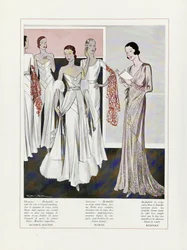 Projekt sukni wieczorowych autorstwa Depouy-Magnin, Worth i Redfern, z Art, Gout, Beaute, pub. 1931 (kolorowa litografia)