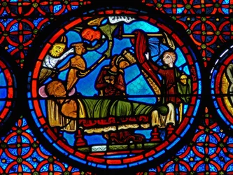 Fragment okna przedstawiający przypowieść o Łazarzu i nurkowaniu