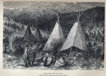 Odkryta Kanada: American Indian Camp z tipi. Rysunek autorstwa Riou ze szkicu Dixona. Rycina z końca XIX wieku w „La nouvelle France” autorstwa Eugene