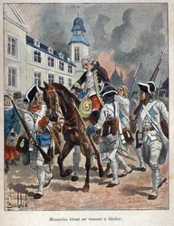 Odkryta Kanada: Louis Joseph de Montcalm (1712-1759) generał francais ranny podczas oblężenia miasta Quabec przez Anglików i sprowadzony z powrotem do Quebecu w 1759 roku. Rycina z końca XIX wieku w „La nouvelle France” autorstwa Eugene