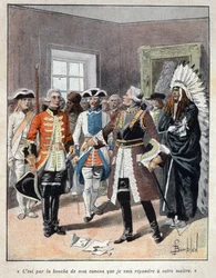 Odkryty z Kanady: Louis de Buade, hrabia Frontenac (1622-1698) przyjmujący emisariusza angielskiego gubernatora kolonii Massachusetts (1651-1695) Williama Phipsa i odpowiedział mu: odpowie twojemu panu”