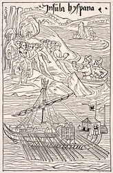 Odkrycie Santo Domingo, Insula Hyspana przez Krzysztofa Kolumba, faksymile drzeworytu Epistola Christoferi Colom, z Science and Literature in The Middle Ages autorstwa Paula Lacroix pub. Londyn 1878