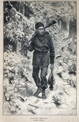 Disouverte du Canada: portret kanadyjskiego trapera w lesie. Rycina z końca XIX wieku w „La nouvelle France” autorstwa Eugene