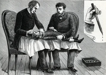 Lekarze badający oczy dziecka i wstrzykujący krople do oczu (grawerunek) 1888