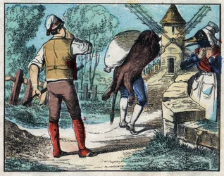 Osioł noszący skórę lwa. Bajki Jean de La Fontaine (1621-95). Obraz Epinal z końca XIX wieku.