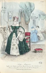Sukienka z gładkiego aksamitu i kiepskiej satyny, paryski talerz z modą z The Ladys Magazine, opublikowany w Londynie, 1831