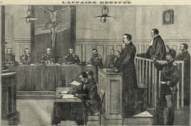 Sprawa Dreyfusa w 1898 r.: przesłuchanie Rady Wojennej: proces komandora Esterhazego. Grawer w „Le petit parisien” z 1898 r.