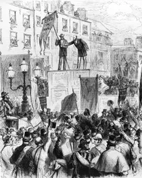 Dublin – Obchody stulecia urodzin Daniela OConnella: Pan Sullivan, poseł, przemawia do ludzi na Sackville Street, z Le Monde Illustré, 1875