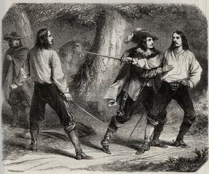 Pojedynek ma miecz między wicehrabią Cahuzac a markizem Gesvres, którego królowa Francji Anna Austriaczka jest zakochana, w lasach Vincennes. XVII wiek. Grawer z 1871 r. w „Histoire Des Cocuses Celebres” Henry