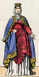 Dynastia Kapetów: Portret Isabelle de Hainaut (1170-1190) Królowej Francji, żony Filipa II zwanego Filipem Augustem (1165-1223). Obrazowanie epinal z końca XIX wieku. Prywatna kolekcja.