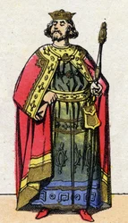 Dynastia Kapetów: Portret Ludwika VI Grosa (1081-1137), króla Franków od 1108 do 1137. Obraz epinal z końca XIX wieku. Prywatna kolekcja.