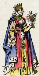 Dynastia Kapetów: Portret Małgorzaty z Prowansji (1221-1295), królowej Francji, żony Ludwika IX Francji (1214-1270). Obrazowanie epinal z końca XIX wieku. Prywatna kolekcja.