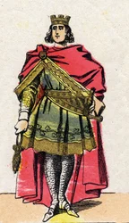 Dynastia Kapetów: Portret Filipa II zwanego Filipem Augustem (1165-1223), król Francji od 1180 do 1223. Obraz epinal z końca XIX wieku. Prywatna kolekcja.