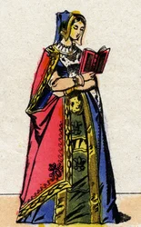 Dynastia Valois: Portret Anny Bretanii (1477-1514), królowej Francji, żony Karola VIII (1470-1498). Obrazowanie epinal z końca XIX wieku. Prywatna kolekcja.
