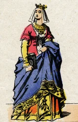Dynastia Walezjuszów: Portret Charlotte de Savoie (1441–1483) Królowa Francji, żona Ludwika XI Francji, znana jako Roztropna (1423–1483). Obrazowanie epinal z końca XIX wieku. Prywatna kolekcja.