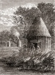 Wczesne domy galijskie, okrągła kabina z otworem w dachu, aby umożliwić ucieczkę dymu z ognia, z „Les Merveilles de la Science”, opublikowana ok. 1870 (rycina)